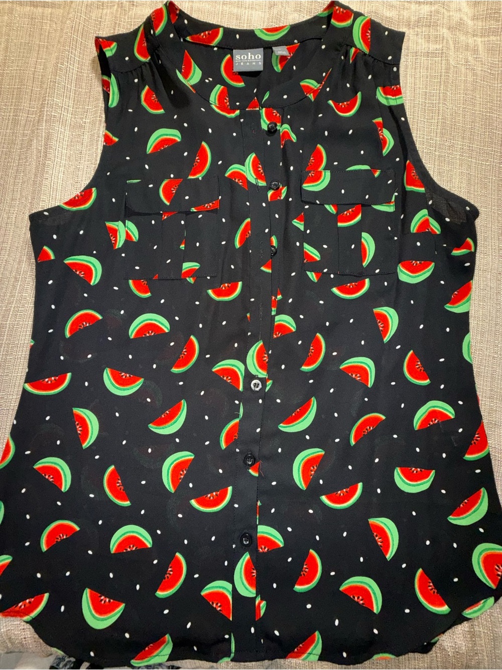 Soho Black Sleeveless Blouse with Red & Green Watermelon Print